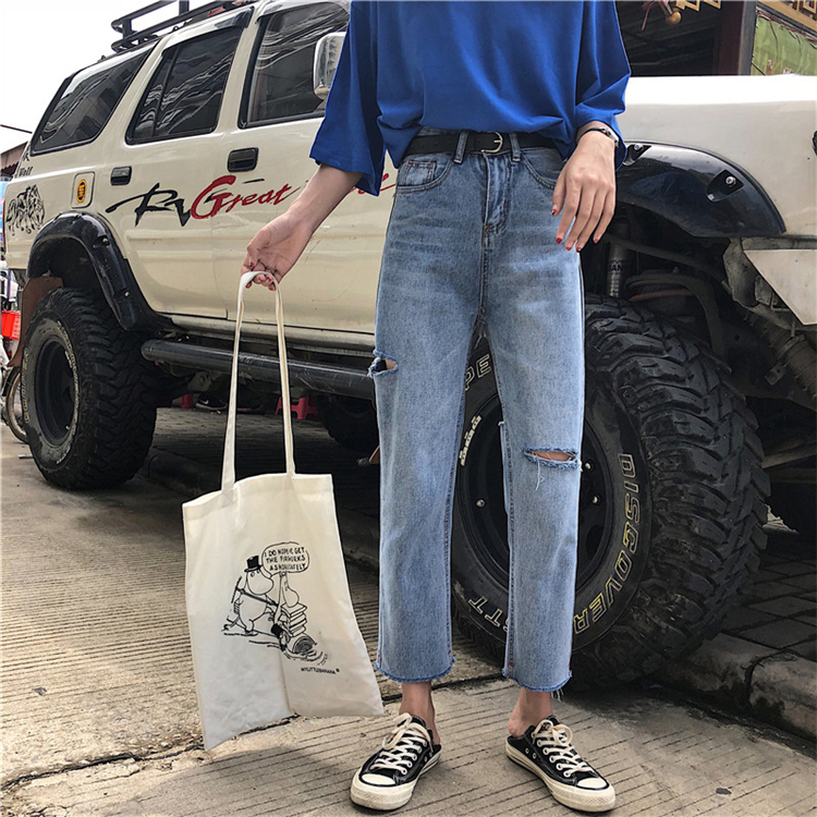 Women's Jeans N4897 Daddy Pants Ripped Denim Ninth High Waist Loose Straight Pant's 230821