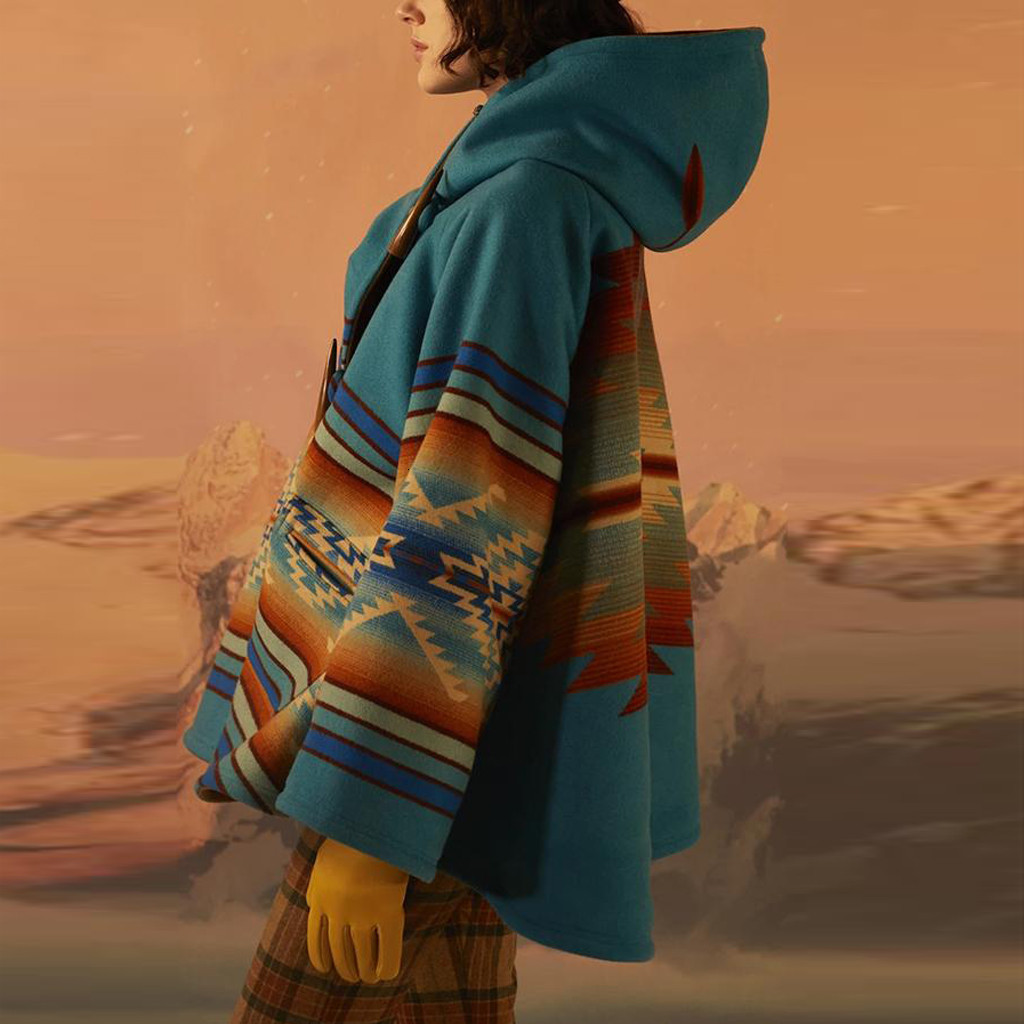 Womens Wool Blends fashion Casual Retro Printed Long Sleeve Hooded Jacket Coat Claw Button loose woolen Autumn winter warm jack 230818