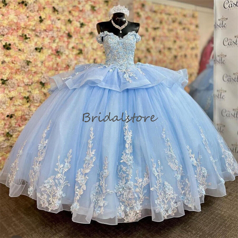 Luxury Blue Quinceanera Dresses 2023 With Lace Florals Beaded Para Xv Princess quinceaneras Birthday Party Dress Robes De Vestidos 15 anos Prom Wear B