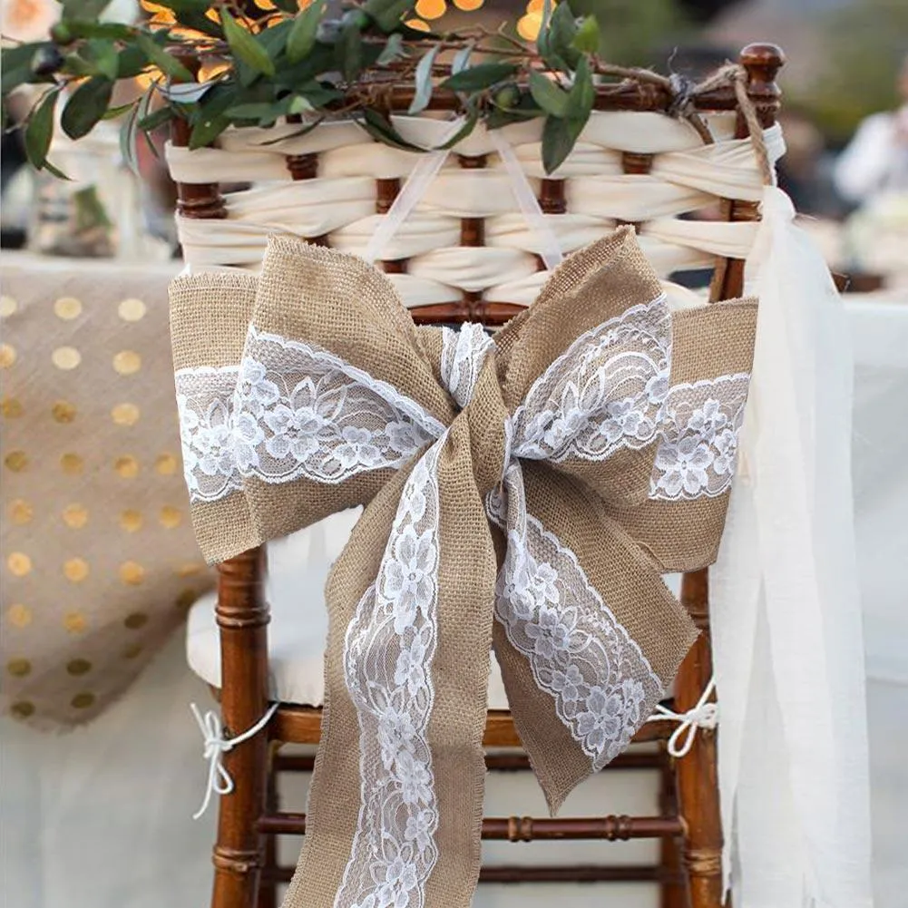 Lace Bowknot Burlap Chair Sashes Natural Hessian Jute Linen Rustic Chair Cover Tie Bowknot for Wedding Decor DIY CraftsZZ