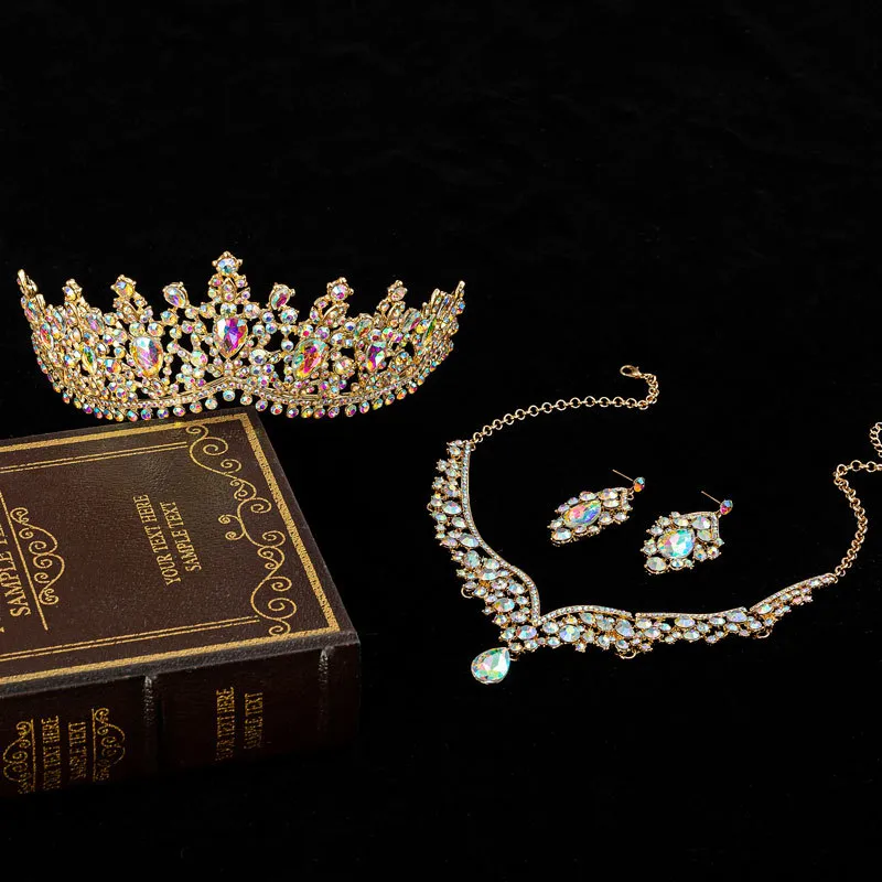 Gorgeous Crystal AB Bridal Jewelry Sets Fashion Headpieces Earrings Necklaces Set for Women Wedding Dress Crown TiaraZZ