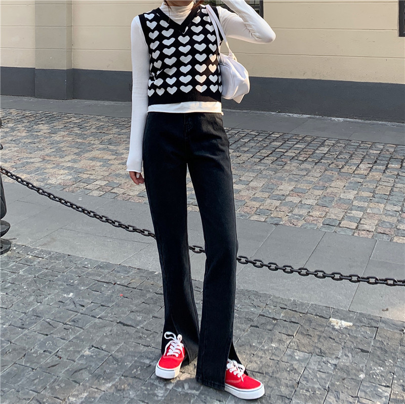 Women's Jeans N5128 Slit High Waist Loose Slim Straight Pants Mopping Wide Leg 230821