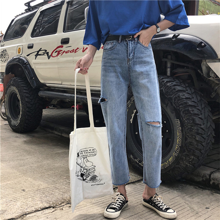 Women's Jeans N4897 Daddy Pants Ripped Denim Ninth High Waist Loose Straight Pant's 230821