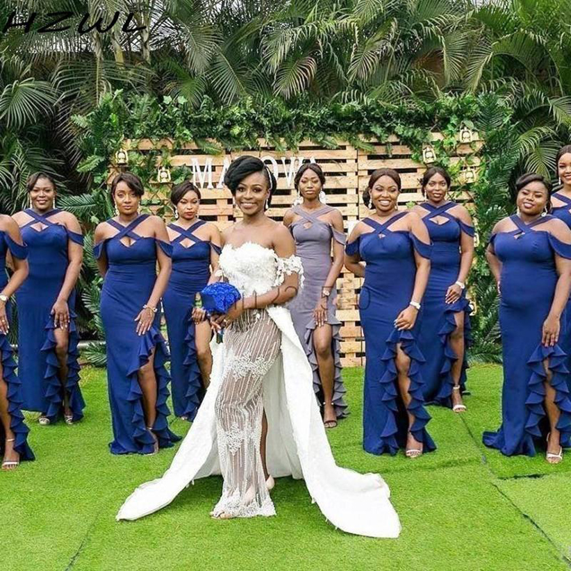 2023 African Mermaid Bridesmaid Dresses Side Split Criss Cross Straps Ruffles Plus Size Maid of Honor Dress Navy Blue Wedding Guest Gowns
