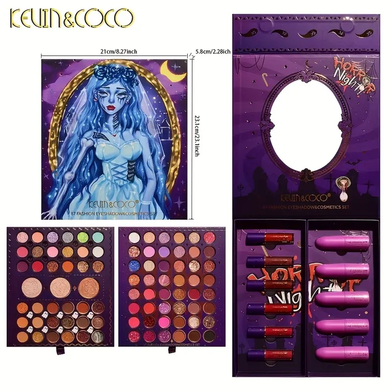 87 Colors Eyeshadow Set Box Halloween Moonlight Zombie Bride Set Box Pearly Matte Finish Bright Color Eyeshadow Velvet Lip Glaze Makeup Set