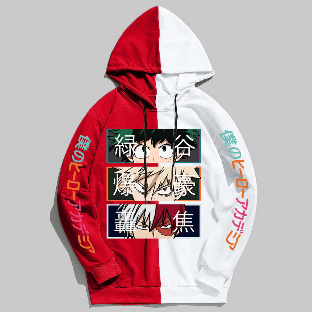 Men's Hoodies Sweatshirts Anime My Hero Academia Hoodies Cool So Todoroki Bakugou Deku Pullover Hooded Sweatshirt Patchwork Men's Long Sleev