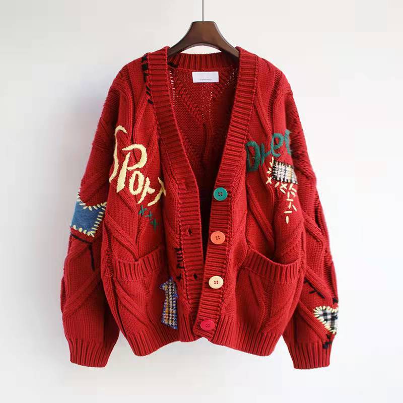 Women's Knits Tees Spring Women's Sweater Warm Knitted Sweater Jacket Loose Pocket Embroidery Fashion Knit Cardigan Jacket Ladies Jacket 230