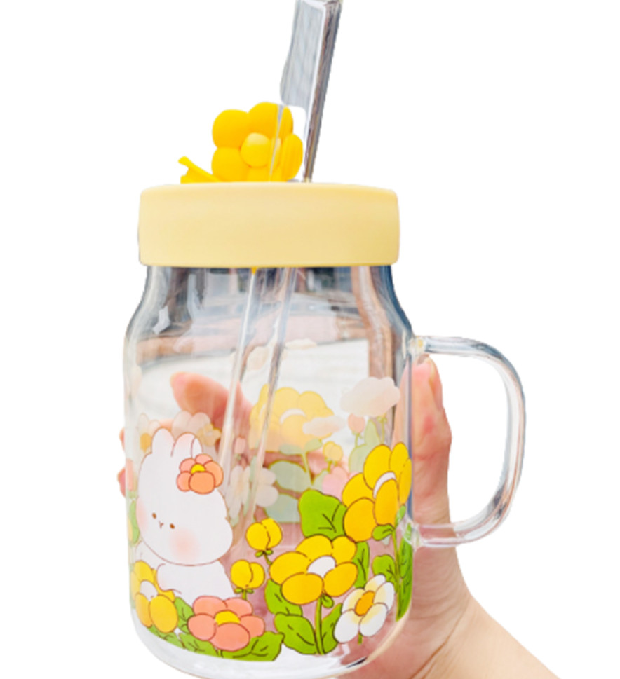 The latest 26oz flower and rabbit glass straw coffee mug, many style choices, support customization of any logo