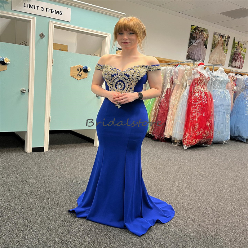 Modest Mermaid Gold Lace Evening Dress Off Shoulders Royal Blue Prom Dress Plus Size Ceremony Formal Occasion Party Gowns Dinner Dubai Abaya Evening G