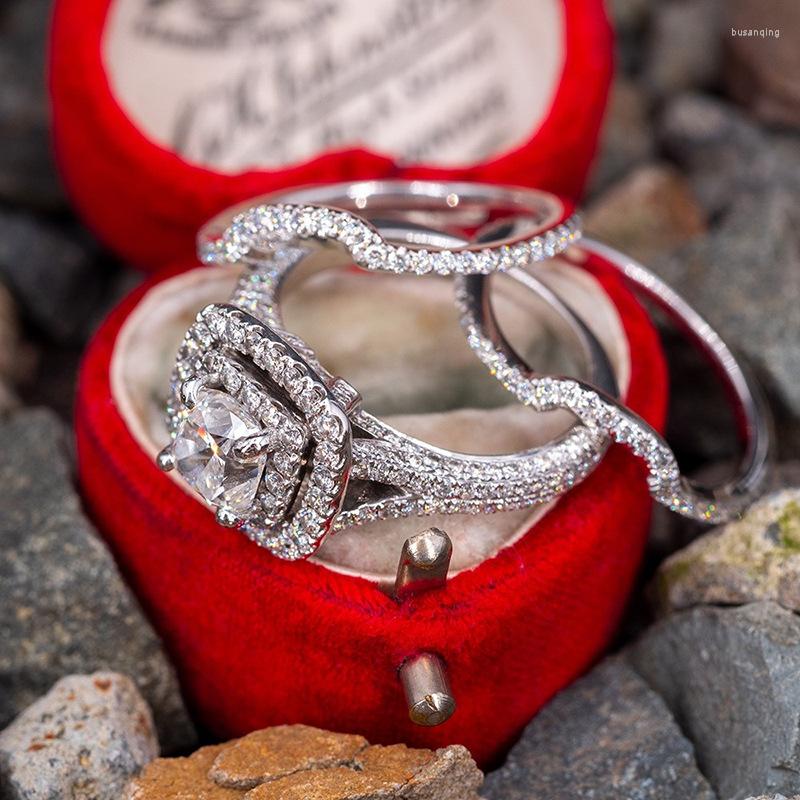 Wedding Rings 3pcs Square Bridal Sets White Zircon Stacking Wave Triple For Women Sier Color Promise Engagement Ring Set Jewelry Gifts