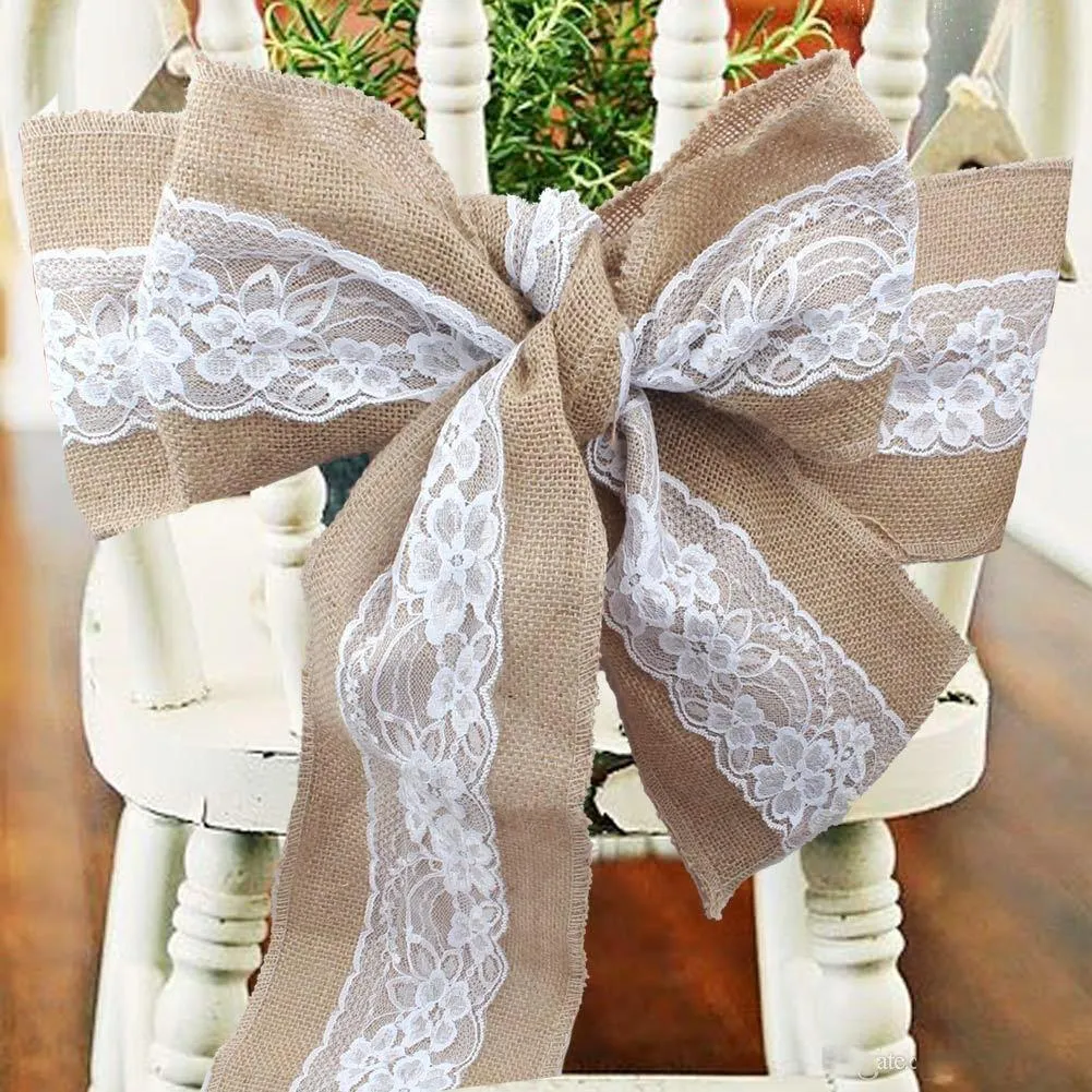 Lace Bowknot Burlap Chair Sashes Natural Hessian Jute Linen Rustic Chair Cover Tie Bowknot for Wedding Decor DIY CraftsZZ