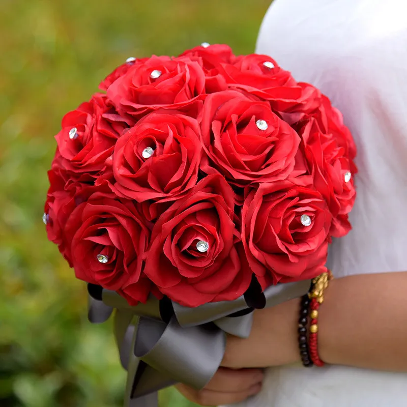 Bridal Red Rose Bouquet Romantic Bride Artificial Flowers Bouquets Home Wedding Decoration Wedding Bouquet with CrystalZZ