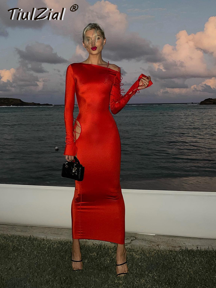 Urban Sexy Dresses TiulZial Red Hollow Out Stretchy Bandage Midi Dress 2023 Club Party Long Sleeve Bodycon Women Event Nightwear Outfits 230822