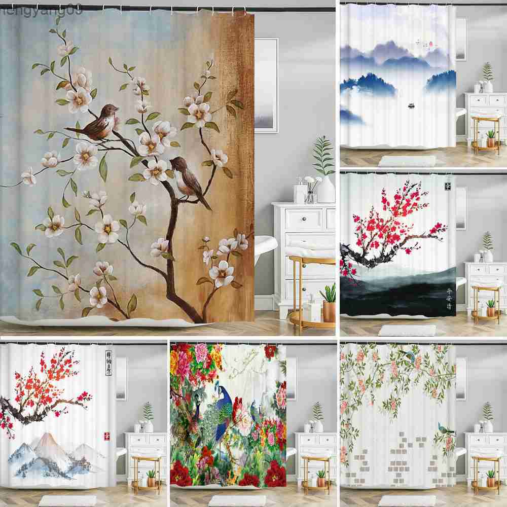 Shower Curtains 3d Printing Chinese Flower Bird Ink landscape Shower Curtain Bathroom Waterproof Bath Curtain With Washable Cloth Decor R230829