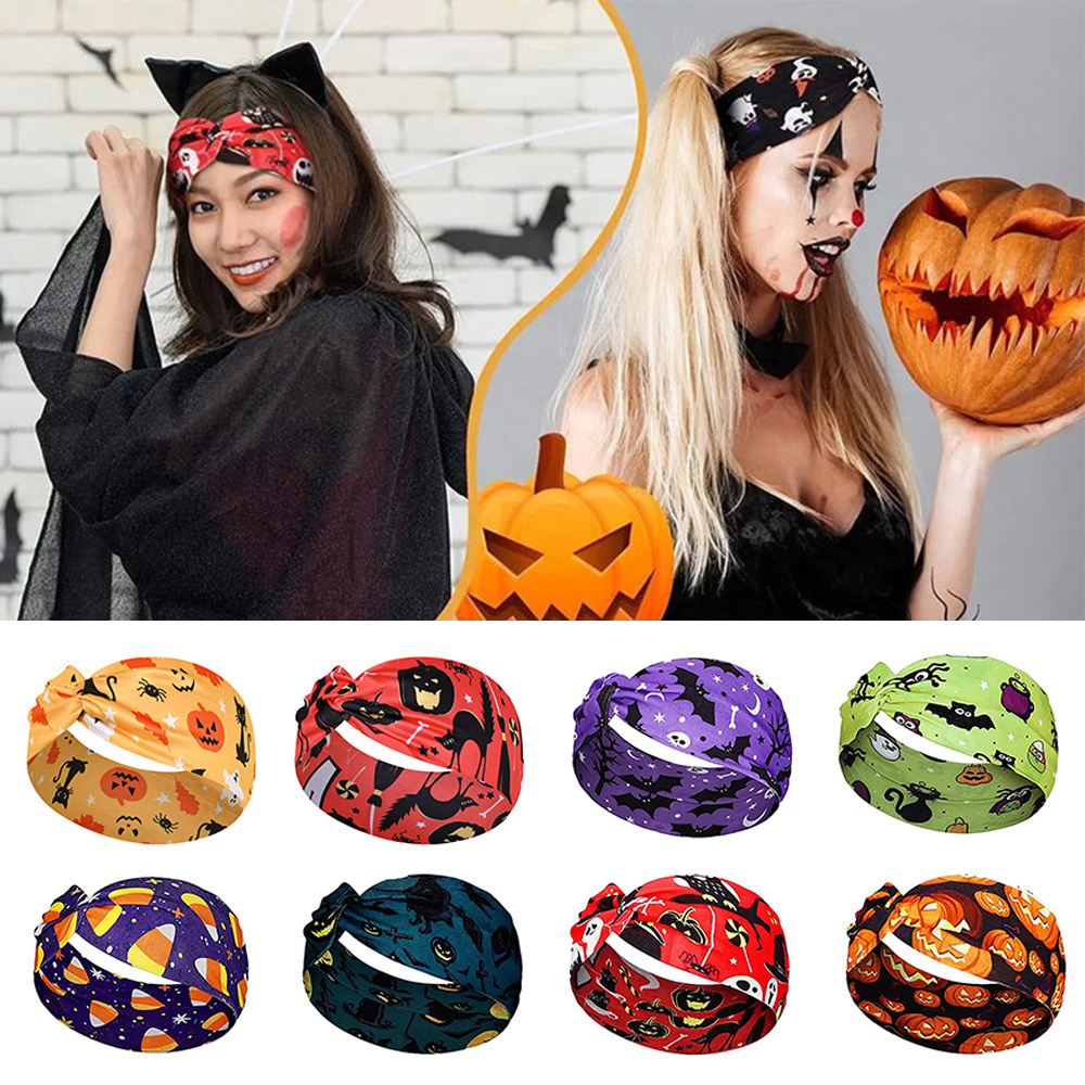 Hair Clips Barrettes Halloween Print Wide Headbands Vintage Knot Elastic Turban Headwrap for Women Girls Bandana Cosplay Accessories 230822