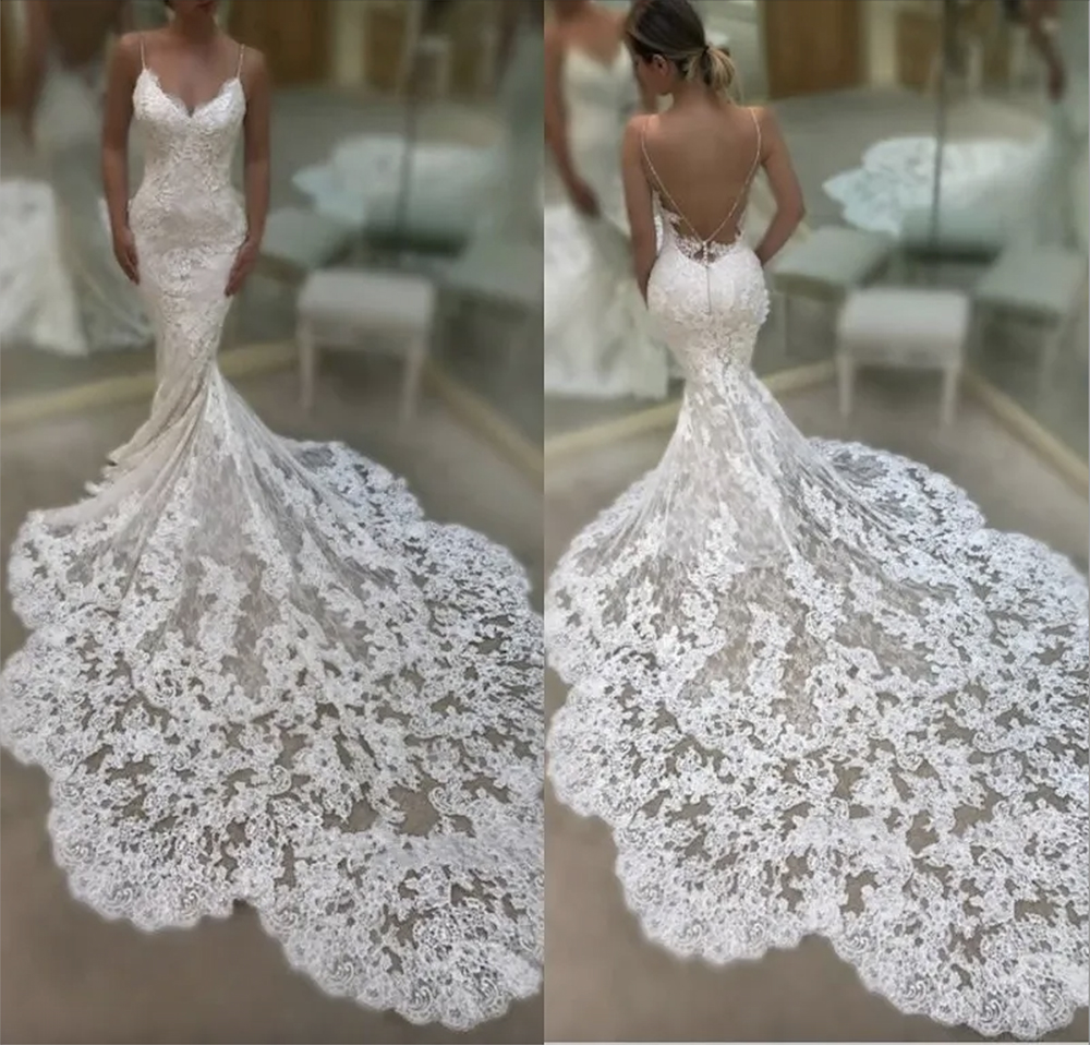 Spring Summer Lace Wedding Dresses Long Train Backless Mermaid Wedding Gowns Spaghetti Straps Sexy Boho Bridal Dress