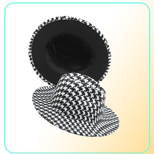 Houndstooth Print Fedora Hat with Black Bottom Men Big Brim Outdoor Trend Hat Panama Womens Jazz Top Hat for Party Wedding