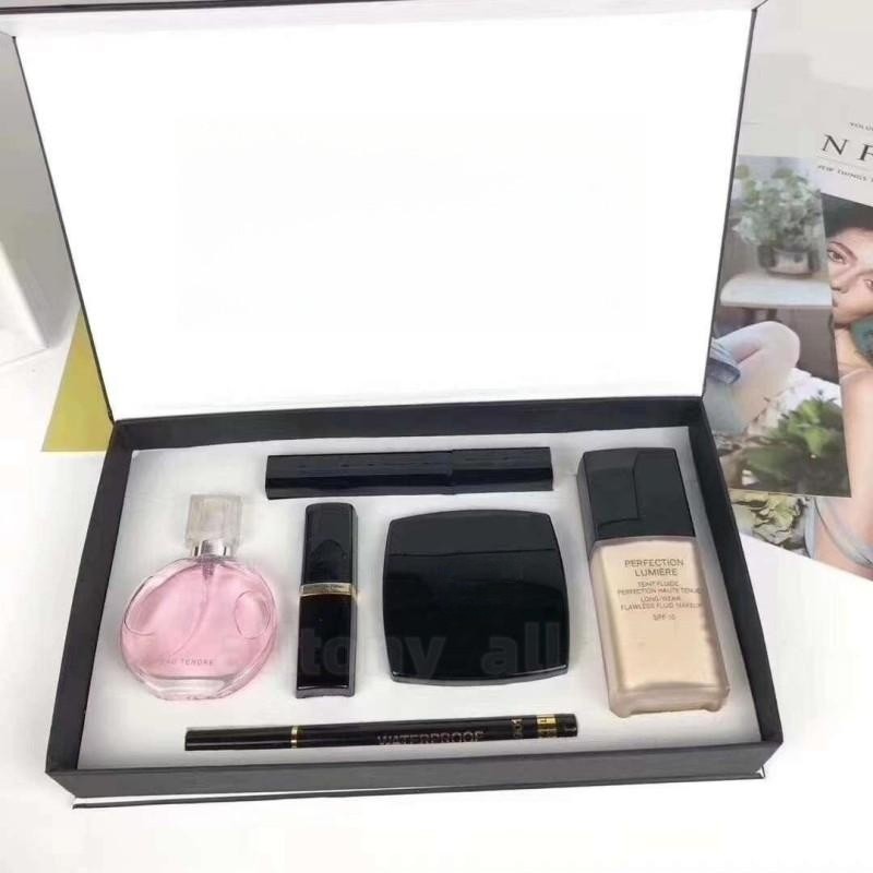 Brand 6 in 1 Makeup Set Fragrance Brand Cosmetic Set 15ml Perfume Lipsticks Eyeliner Mascara liquid foundation With Box Lips Cosmetics Kit For Wo