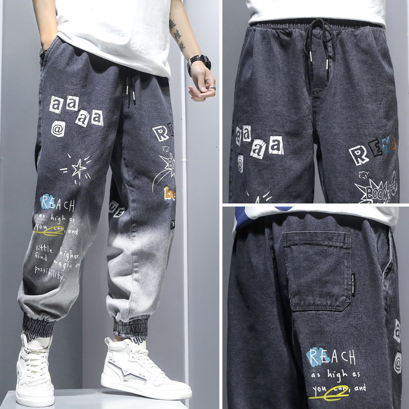 Men's Jeans Graffiti Printing Jeans Men's Gradient Hip Hop Trousers Harem Cartoon Loose Casual Ankle Banded Pants Cargo Denim Jeans for Men 