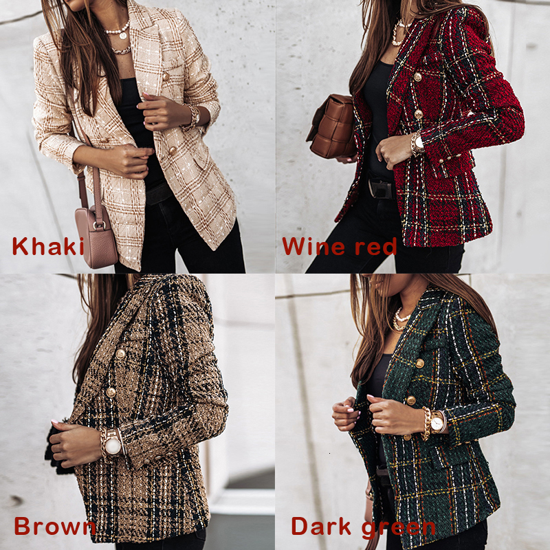 Women's Suits Blazers Double-breasted Printed Blazer Women Autumn Winter Office Chic Slim Long-sleeved Plaid Jacket Vintage Tweed Suits Ouerwear 