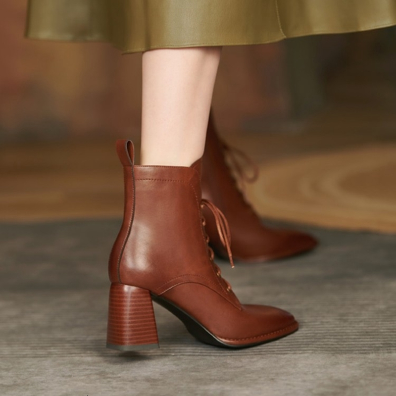 Boots Autumn Winter Women Square Toe High Heel Shoes for Black Leather Lace up Handemade Botas de mujer 230821