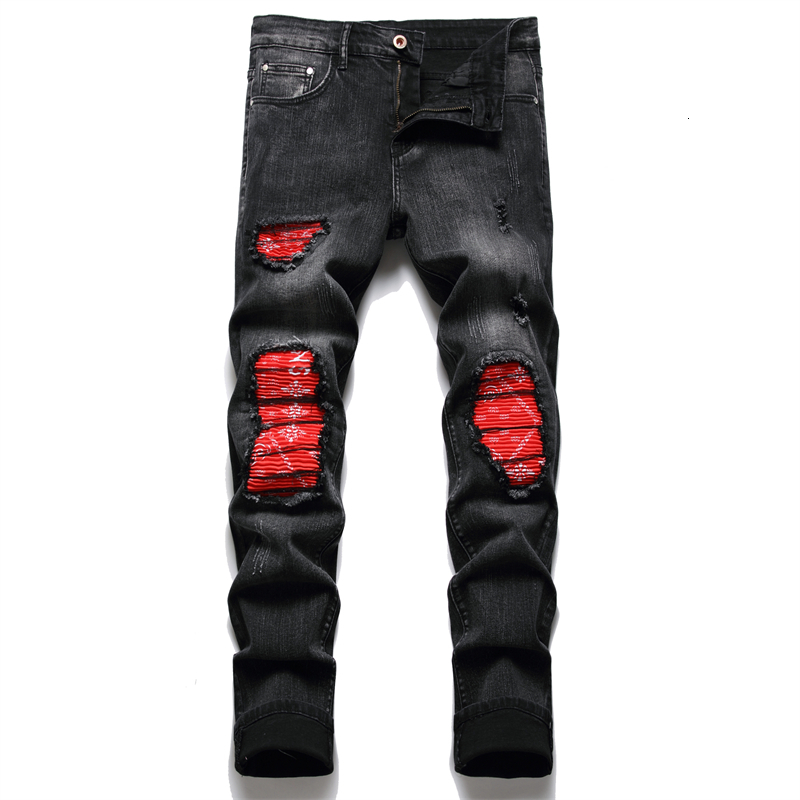 Men's Jeans Men Biker Jeans Streetwear Paisley Bandana Print Patch Stretch Denim Pants Patchwork Holes Ripped Slim Straight Black Trousers 230821