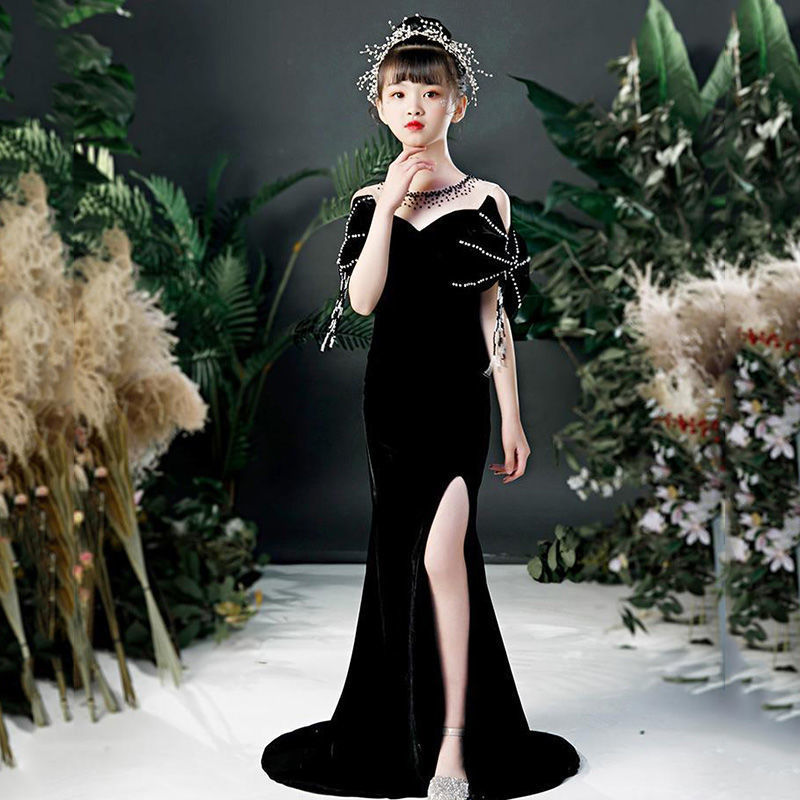 Veet Black Flower Girl For Wedding Long Mermaid Floral Appliques Girls Pageant Dress A Line Kids Birthday Gowns Princess Children Wed Party Dresses 40
