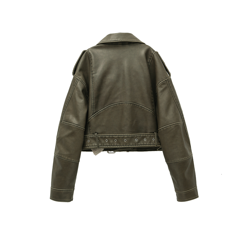Women's Leather Faux Leather RARF style Women's washed leather jacket with belt short coat with downgraded zipper and vintage lapel jacket 2