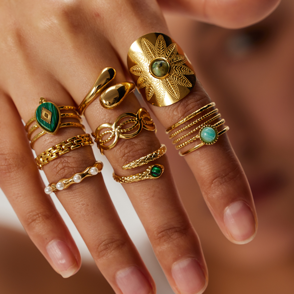 Band Rings Uworld Stainless Steel Natural Stone Green Turquoise Malachite Ring Women Bohemian Stylish Big Summer Jewelry 230822