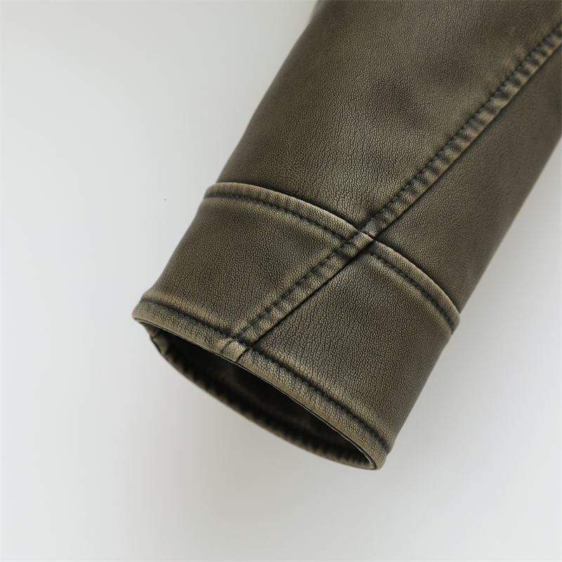 Women's Leather Faux Leather RARF style Women's washed leather jacket with belt short coat with downgraded zipper and vintage lapel jacket 2