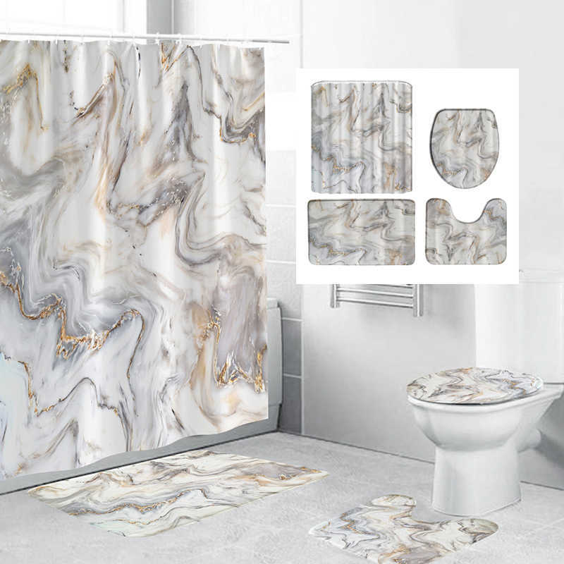 Shower Curtains Art Marble Pattern Golden Waterproof Shower Curtain Set Cover Mat slip Bath Rugs Home Bathroom Carpet Christmas Decor R230822
