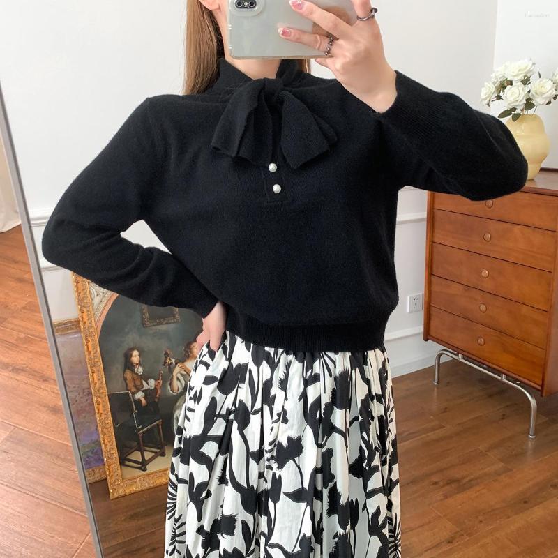 Women's Sweaters 2023 Autumn Ladies Pearl Button Bow Tie Long Sleeve Knitwear