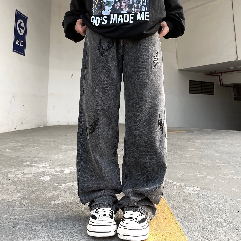 Men's Jeans American Vibe Wind Lightning Pattern Leather Jeans Men's Trend Hip-hop Retro Slacks Fashion Street Men Ins Selling Y2k Men Jeans