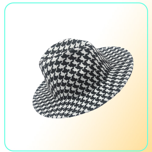 Houndstooth Print Fedora Hat with Black Bottom Men Big Brim Outdoor Trend Hat Panama Womens Jazz Top Hat for Party Wedding