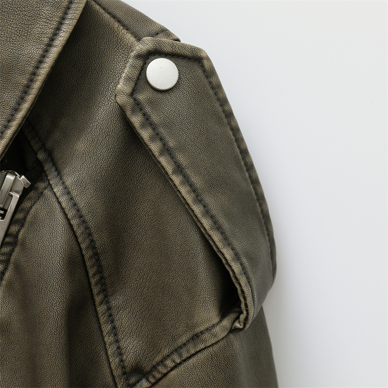 Women's Leather Faux Leather RARF style Women's washed leather jacket with belt short coat with downgraded zipper and vintage lapel jacket 2