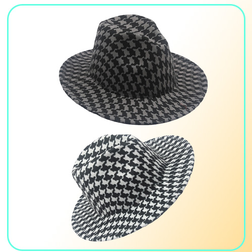 Houndstooth Print Fedora Hat with Black Bottom Men Big Brim Outdoor Trend Hat Panama Womens Jazz Top Hat for Party Wedding
