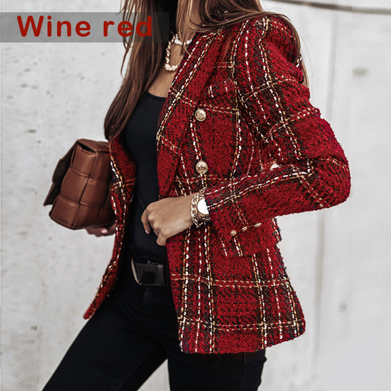 Women's Suits Blazers Double-breasted Printed Blazer Women Autumn Winter Office Chic Slim Long-sleeved Plaid Jacket Vintage Tweed Suits Ouerwear 
