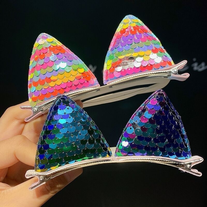 Hair Clips Barrettes 2PCS Set Glittery Sequins Color Cat Ear For Girl Children Cute Kawaii Cosplay Fairy Hairpin Fashion Accessories Party 230822