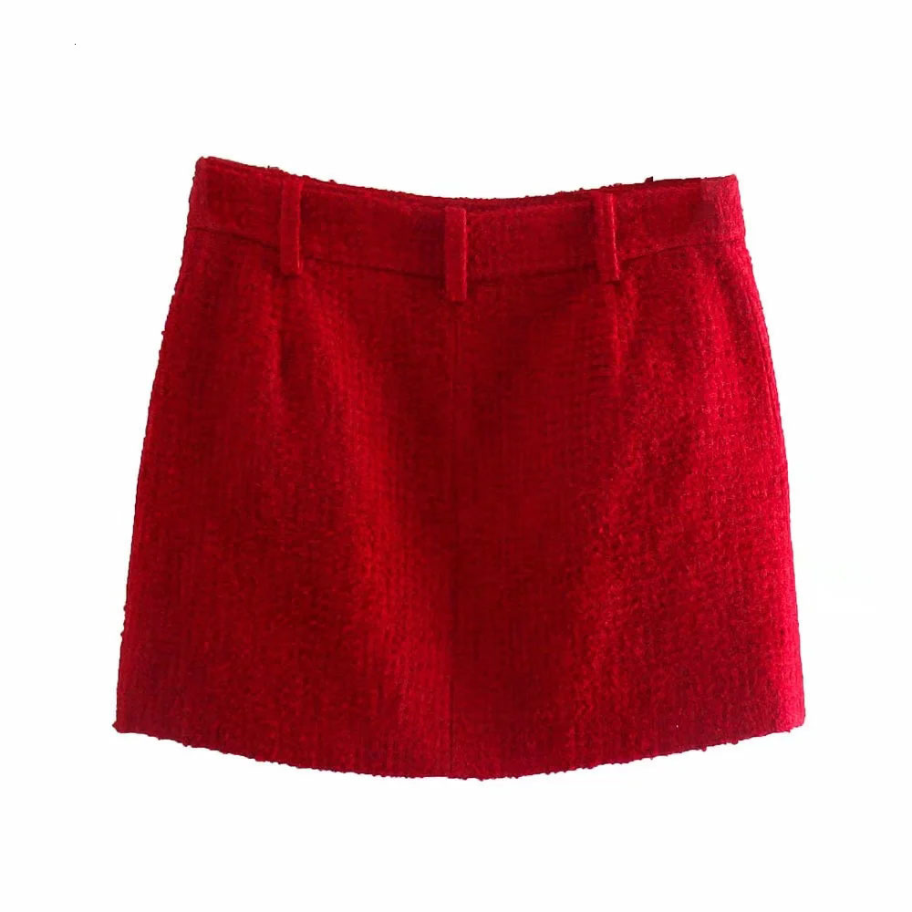 Two Piece Dress XEASY Tweed Women Two piece Set Dark Red Vintage Office Lady Double Breasted Blazer Female Slim High Waist Mini Skirt Suit 230822
