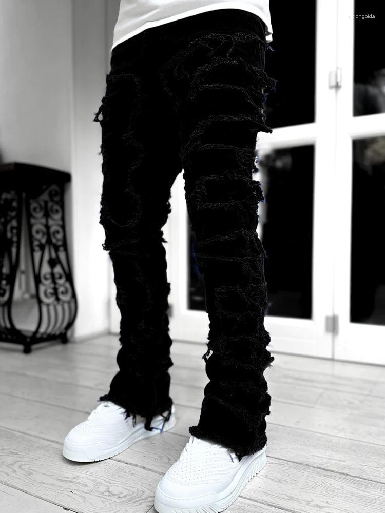 CNLONGBIDA Men's Jeans Autumn Solid Fashion Mid Waist Patchwork Long Pants Male Streetwise Stretch Patch For Men Bottom Baggy Clothing