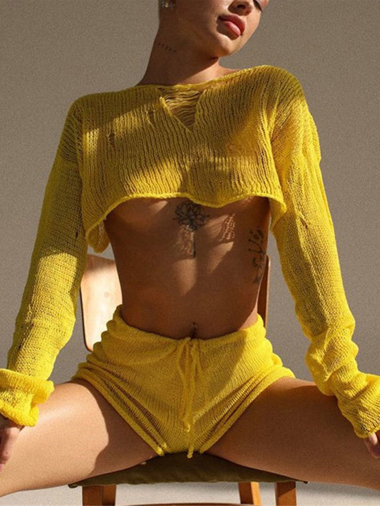 Women's Two Piece Pants Sexy Beach Crop Top Shorts Sets Women Knit Long Sleeve Lace Up Female Suit Summer Holiday See Through 2 Piece Set Womens 
