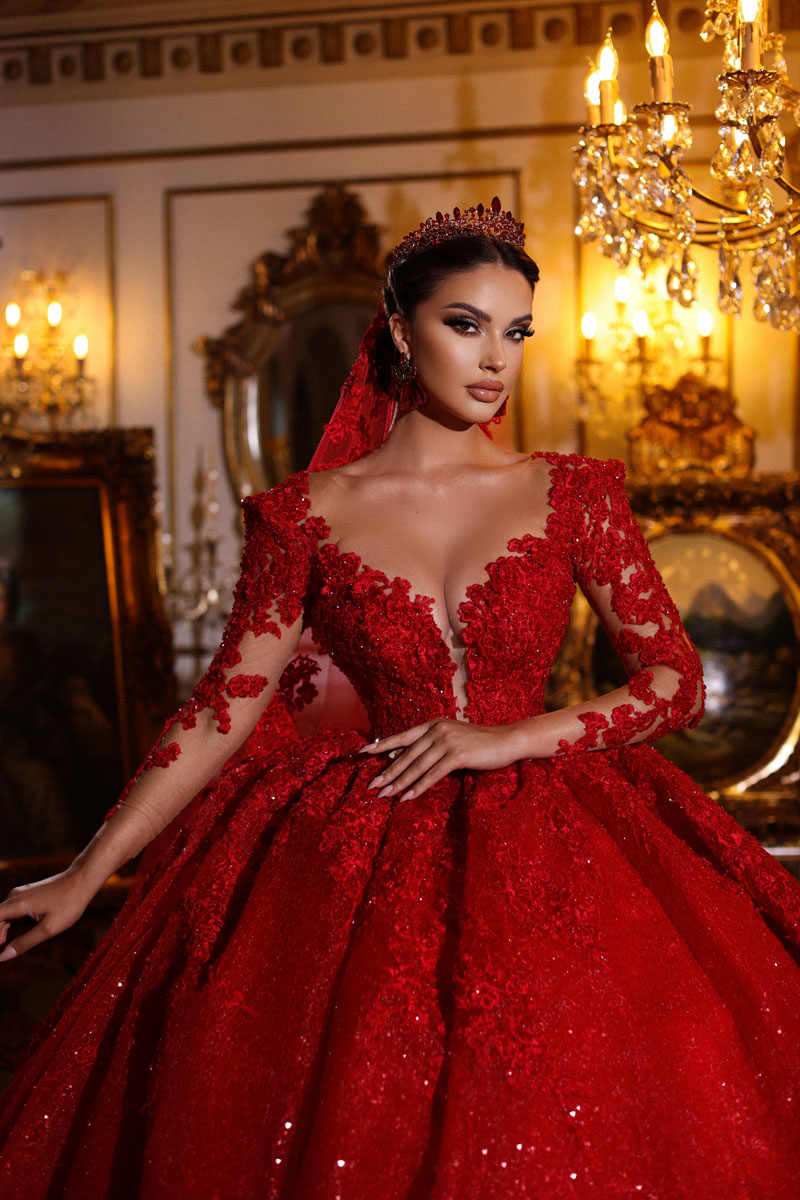 Arabic Red Lace Wedding Dress Long Sleeves Sparkly Sequin Women Marriage Dubai Bridal Gown Vestido De Novia Custom Made
