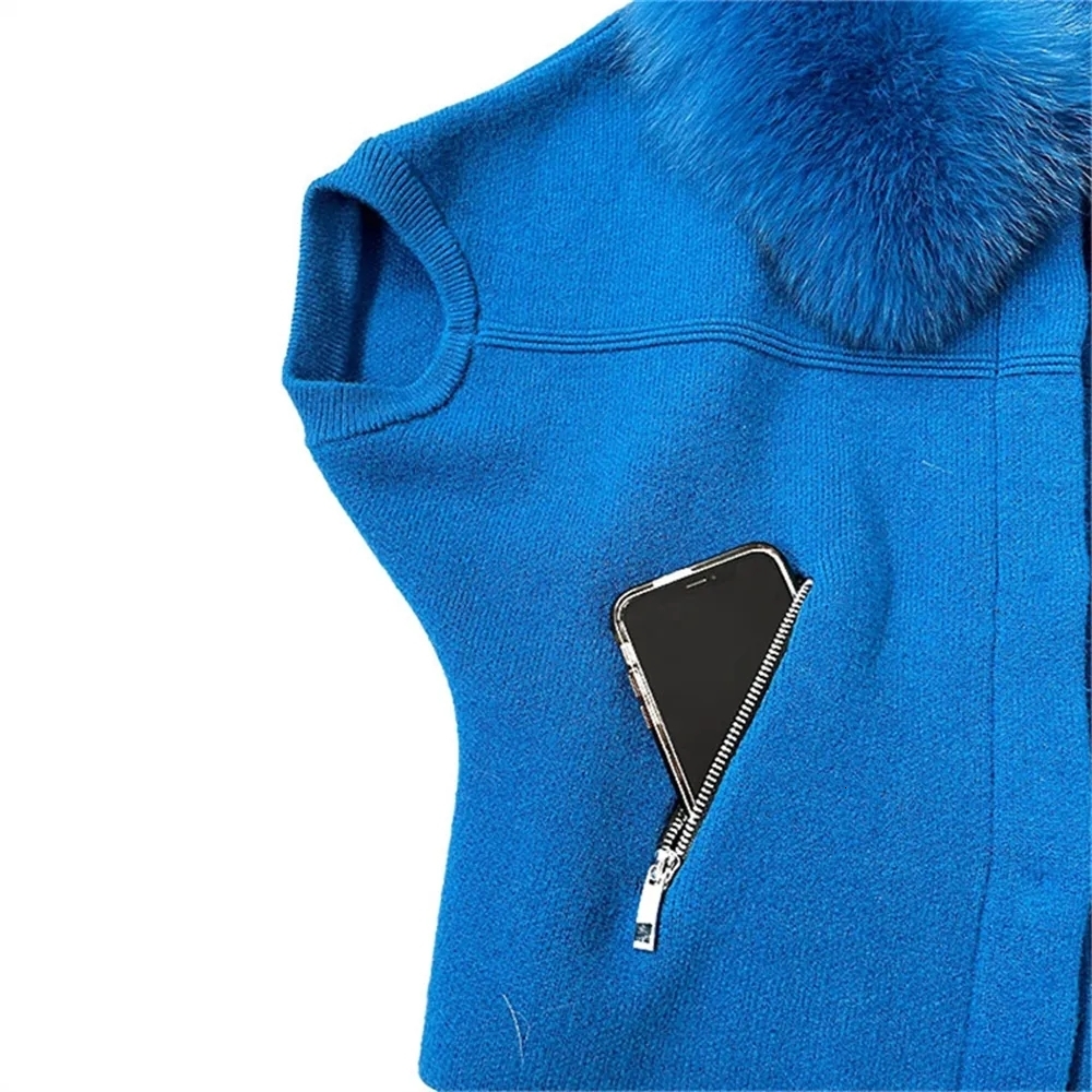 Womens Knits Tees Autumn Winter Arrival Ladies Wool Knit Coat Short Sleeve Knitted Sweater With Fox Fur Collar 230821