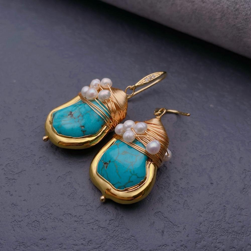 Ear Cuff YYGEM 21x27mm Blue Turquoise Cultured White Pearl Gold Plated Twist Hook Dangle Earrings Stone Jewelry 230822