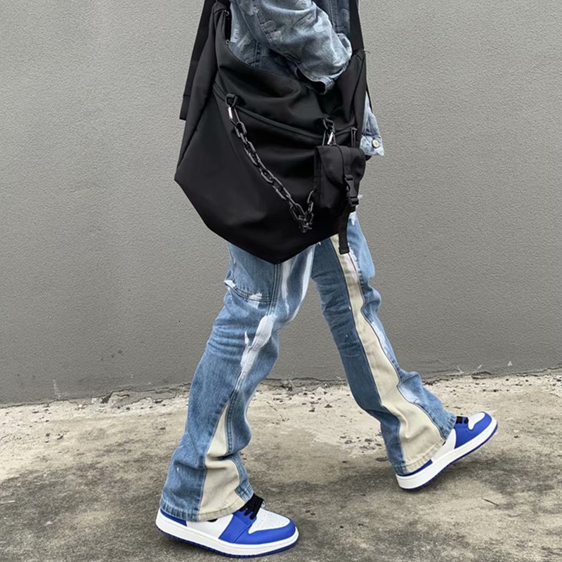 Men's Jeans Y2K Patchwork Washed Blue Baggy Flare Jeans Pants Men Clothing Straight Loose Vintage Old Denim Trousers Pantalones Hombre 230821
