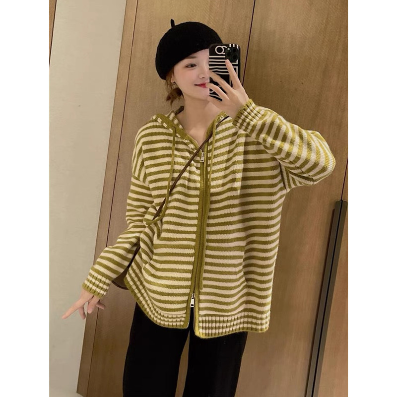 Womens Knits Tees Korean Fashion Stripes Hooded Knit Cardigan Woman Red Loose Casual Autumn Winter Sweater Zipper Coat Oversized Long Sleeve Top 23082