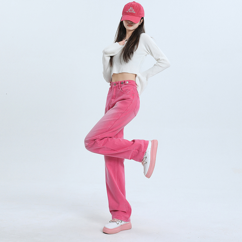 Women's Jeans Chic Autumn Y2K Korean Gradient Pink High Waist Straight Leg Denim Trousers 230821