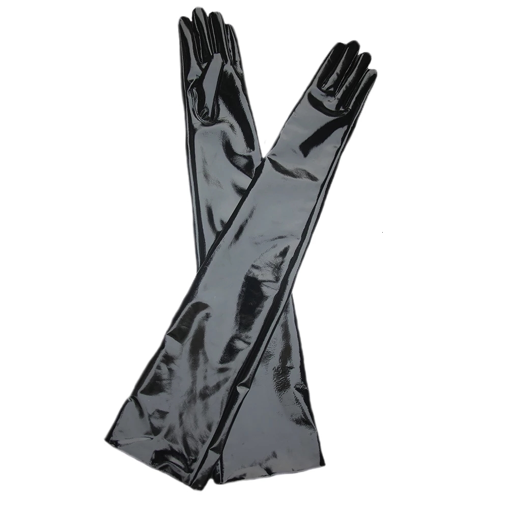Five Fingers Gloves Sexy Women's Long Gloves Ladies Patent leather Gloves Shiny Black Party Evening Overlength Long Glove PU Bright Leather On Sa