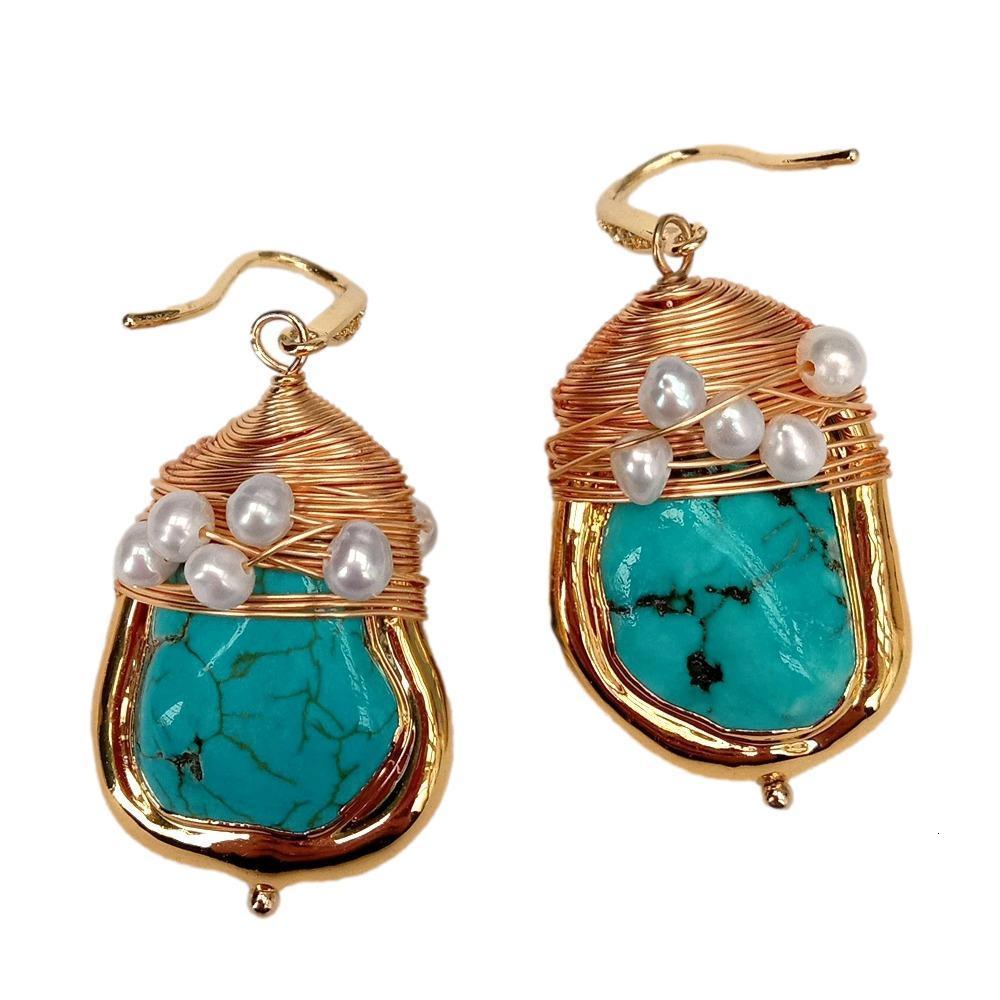 Ear Cuff YYGEM 21x27mm Blue Turquoise Cultured White Pearl Gold Plated Twist Hook Dangle Earrings Stone Jewelry 230822