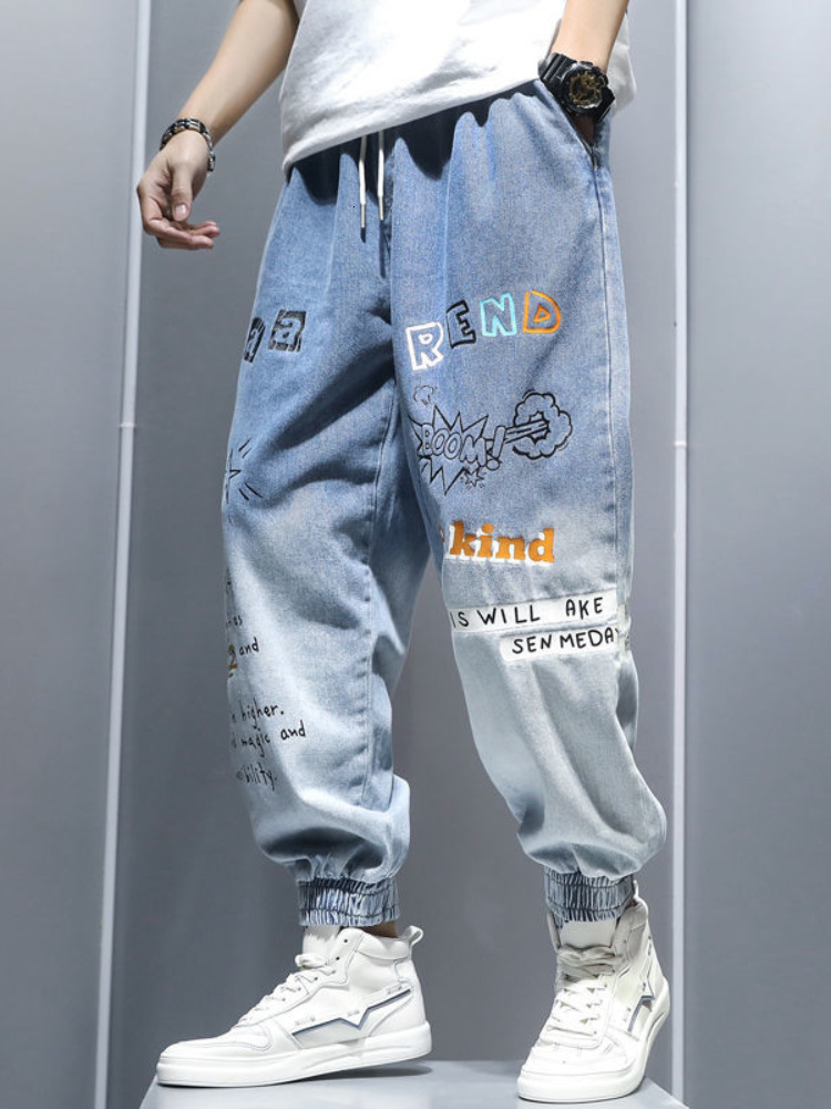 Men's Jeans Graffiti Printing Jeans Men's Gradient Hip Hop Trousers Harem Cartoon Loose Casual Ankle Banded Pants Cargo Denim Jeans for Men 
